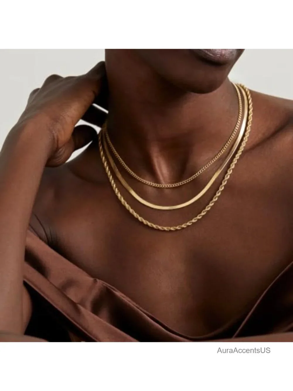 14k Gold Plated Layered Necklace Set for Women, 3 Chain Choker Stack